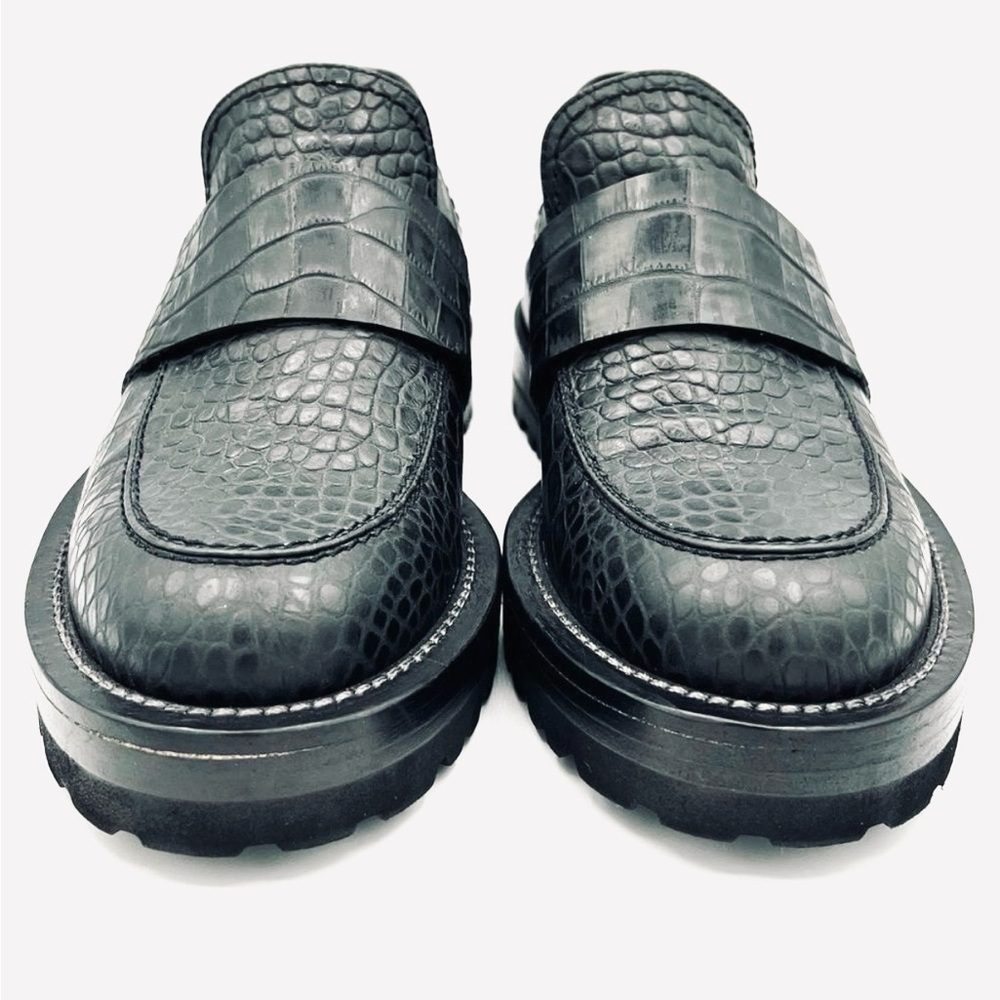 Marni Teal Croc-Effect Embossed Leather Platform Loafers | Lug Sole EU 38 / US 8 - Picture 2 of 8